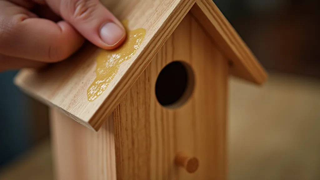 Applying beeswax polish to bird house
