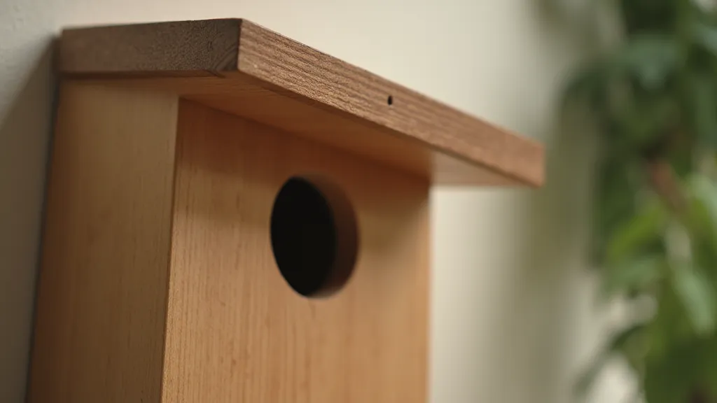 Close-up of a simple wooden bird house