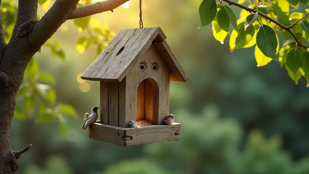 Detailed wooden bird feeder in an apple tree