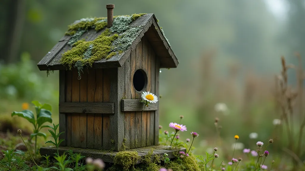 Bird house in a garden with moss and lichen