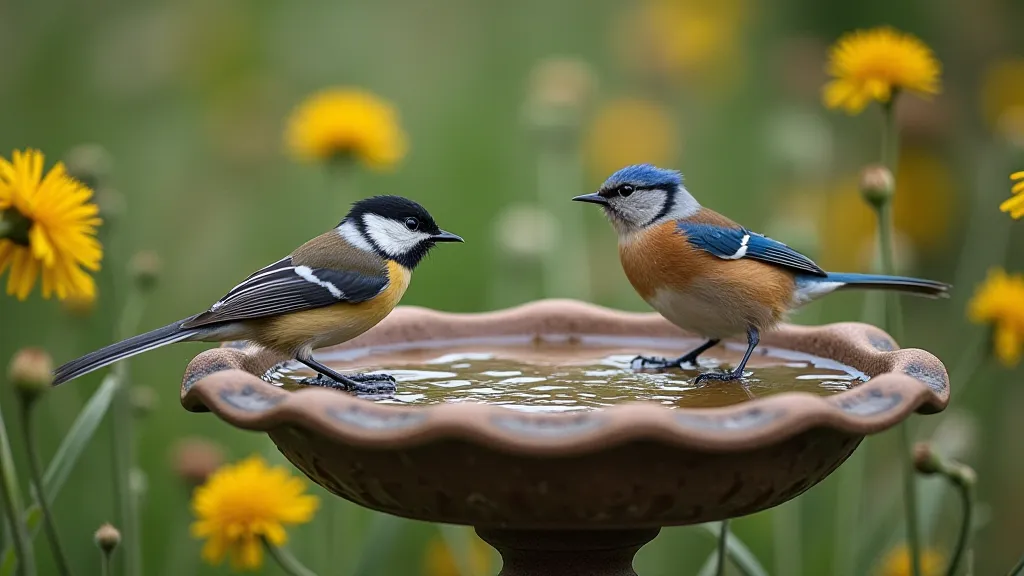 Birds at a bird bath