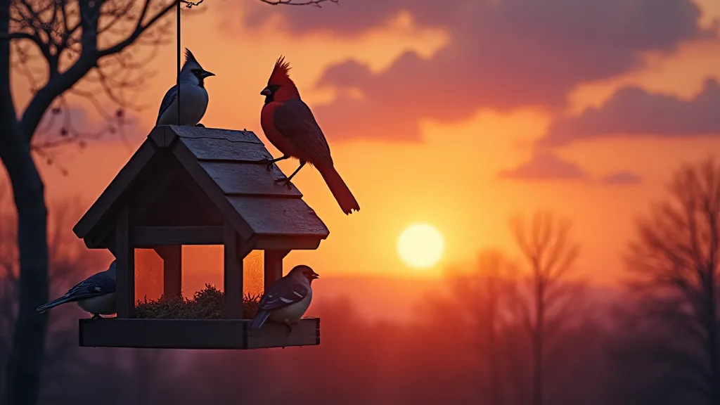 Birds feeding at a feeder at sunset