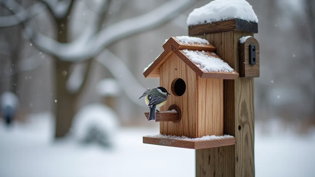 Completed bird house mounted on pole