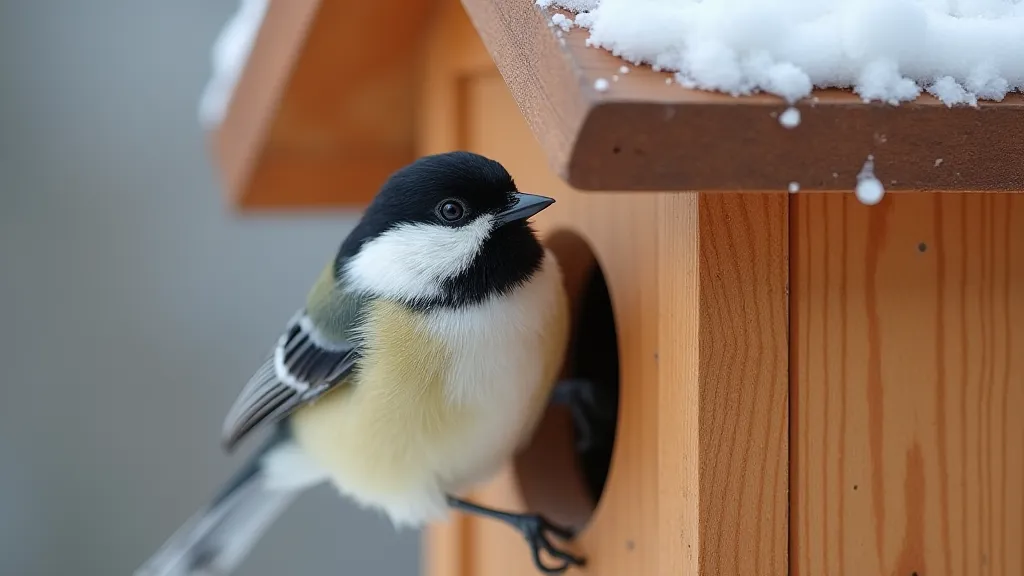 Chickadee on a snowy birdhouse