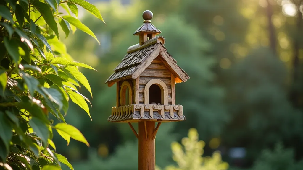 Completed Victorian birdhouse in a garden
