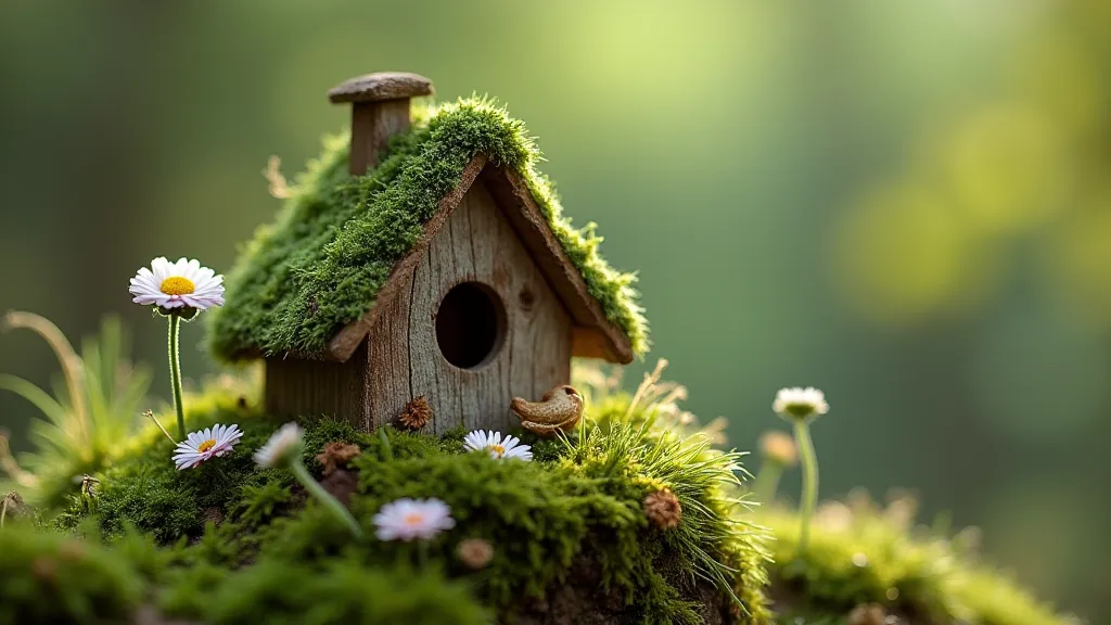 Miniature birdhouse with moss and flowers
