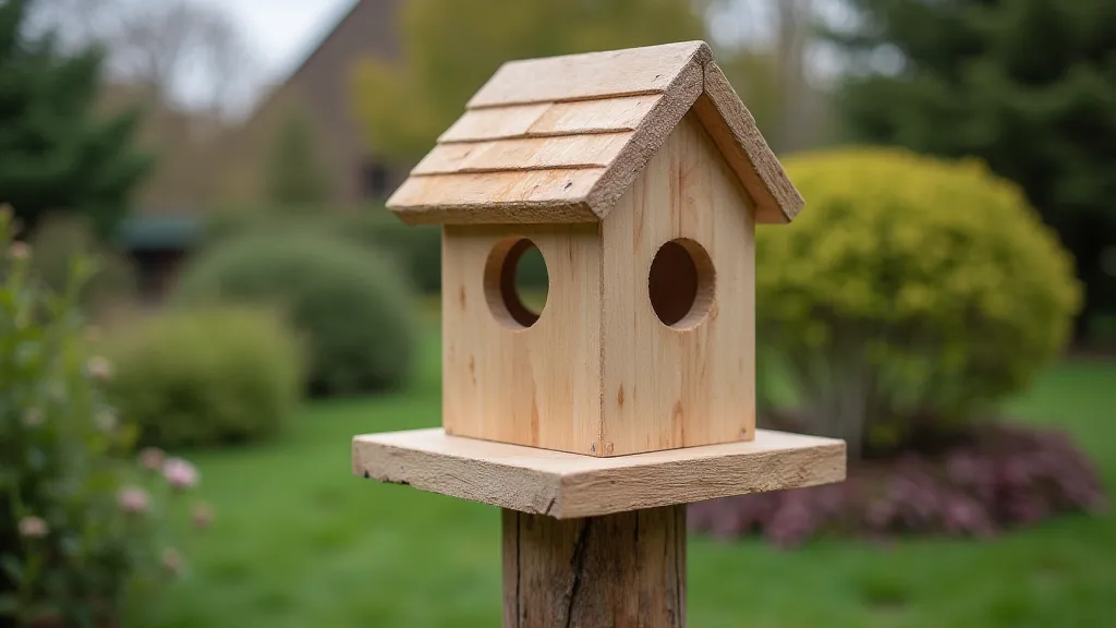 Finished bird house on a post in a garden