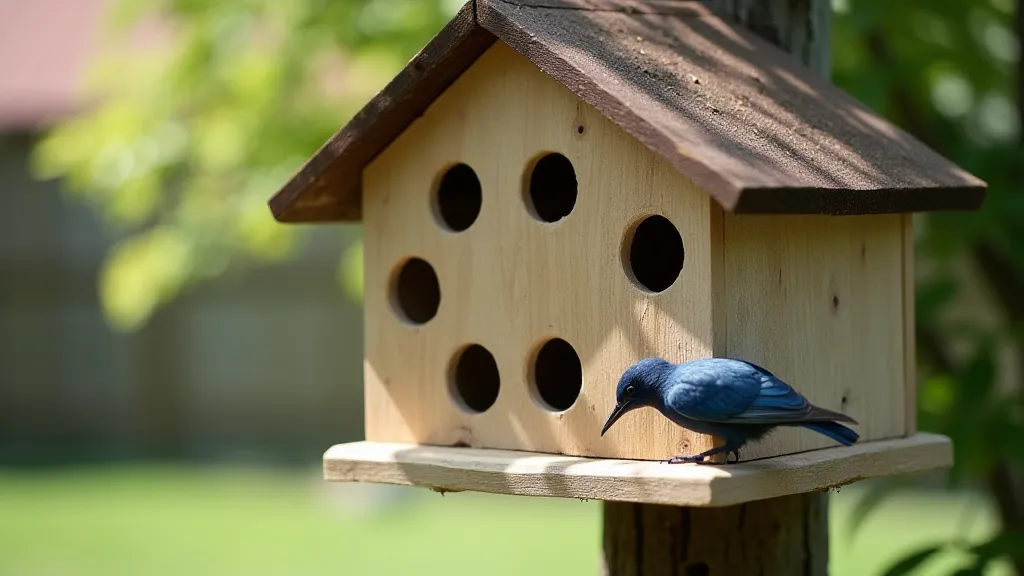 Exterior view of a finished purple martin house